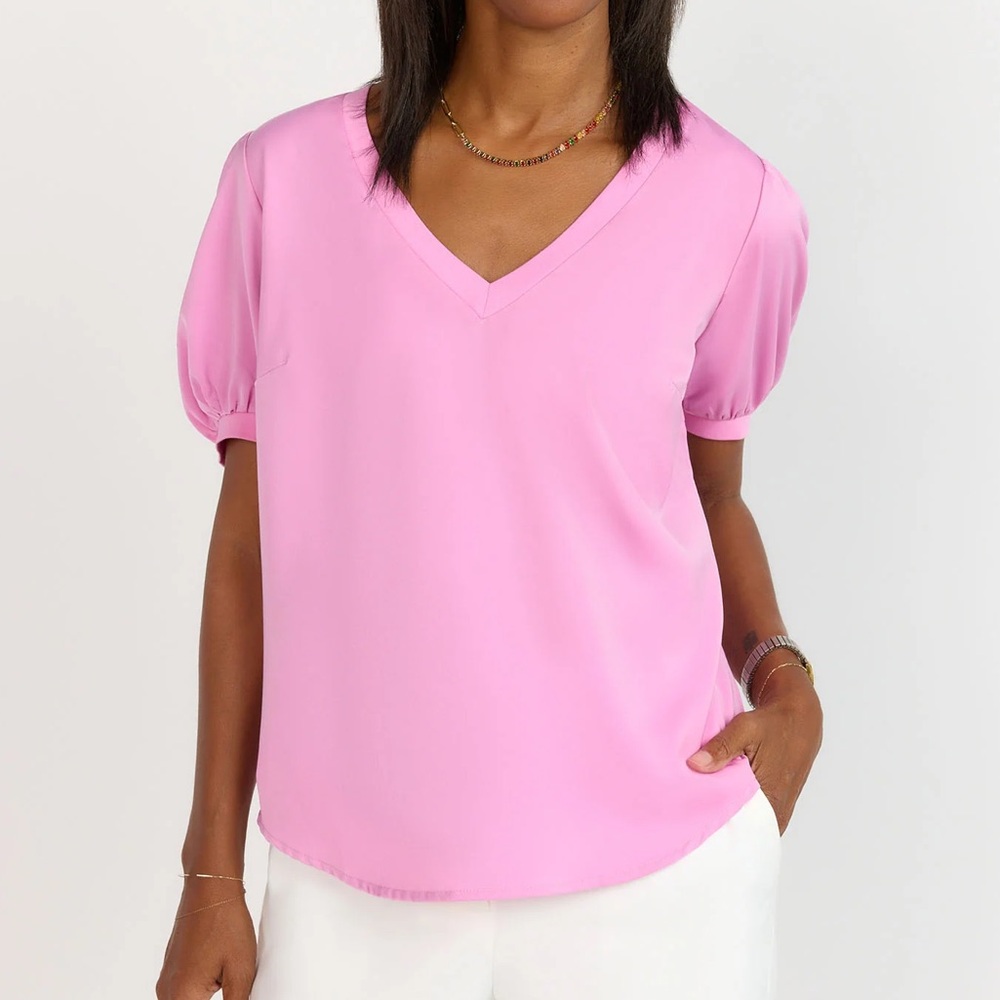 2/15$ 🍒 By Design Pink V-Neck Blouse Balloon Puff Sleeve Cotton Blend XS